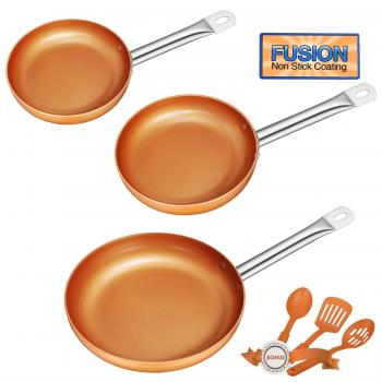 Deik Juego de Sartenes, Sartenes Antiadherentes Induccion con Mango de Acero Inoxidable, Libre de PFOA,Juego de Utensilios de Cocina con 3 espátulas y Cuchara Ø 28cm Ø 24cm Ø 20cm
