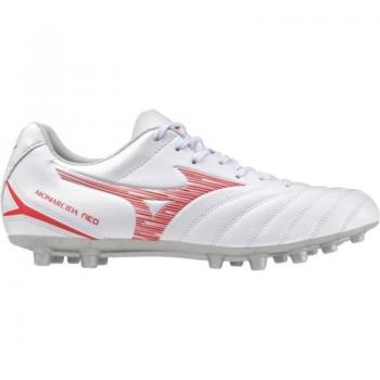 Bota de fútbol Mizuno Monarcida Neo III Select AG blanca, características: diseño ligero, suela AG para superficies artificiales, parte superior sintética, tecnología de ajuste cómodo y soporte en el tobillo