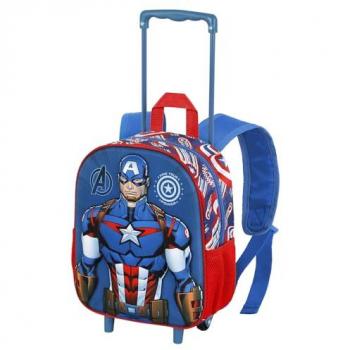 Mochila 3D con Ruedas Pequeña Marvel Capitán América First, 26 x 34 cm, Capacidad 12.5 L, Azul