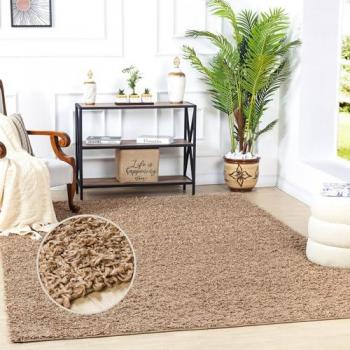 Surya - Alfombra Shaggy Moderna Unicolor Beige Oscuro 80 x 150 cm y 160 x 220 cm, Pelo Largo, Grueso y Esponjoso