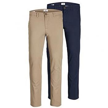 Jack & Jones Men's Slim-Fit Chinos Multipack (2 Units) - Tapered Leg Cotton Stretch Trousers in Beige & Navy Blazer