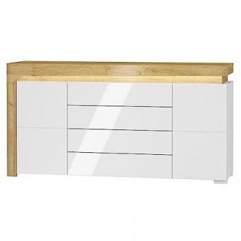 Aparador Teo Blanco y Madera con 2 Puertas, 4 Cajones y LED