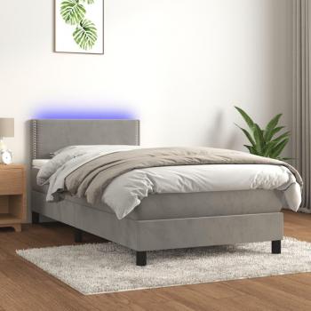 Cama Box Spring con colchón y LED, terciopelo gris claro, 90x200 cm