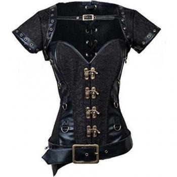 Charmian Women's Steampunk Steel Bone Black Lace Trim Plus Size Overbust corsé with Jacket & Belt Black XXXX-Large