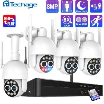 Kit de cámara de vigilancia inalámbrico Techage PTZ 8MP con lente dual, detección humana, seguimiento automático y audio bidireccional, sistema NVR 8CH