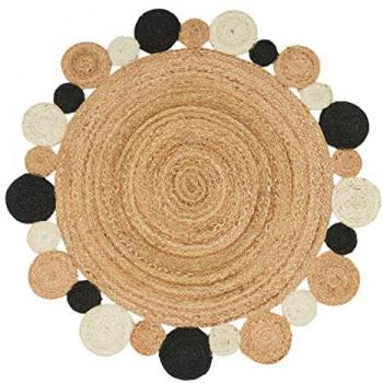 Alfombra Redonda Boho Étnica de Yute Hecha a Mano, 200 cm, 13 mm de Altura, Color Negro