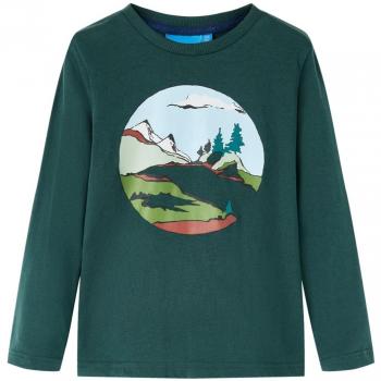 Camiseta Infantil Manga Larga Estampado Montaña Árboles Verde Oscuro 116