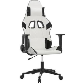 Silla Gaming de Masaje Ergonómica Ajustable Cuero Sintético Blanco y Negro