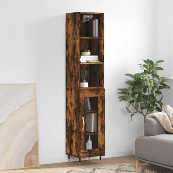 Aparador de madera contrachapada 34,5x34x180 cm con 1 puerta de cristal en color roble ahumado, mueble de almacenaje para salón, buffet y armario auxiliar