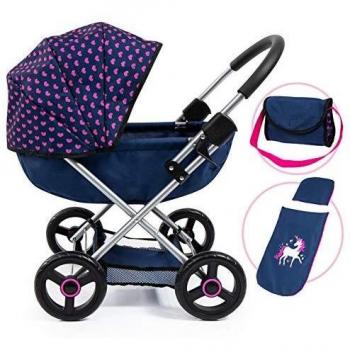 Bayer Cosy Doll Pram Stroller with Diaper Bag, Dark Blue Unicorn Design