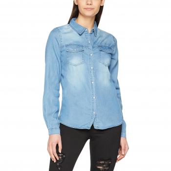Vila Bista Women's Denim Button-Up Shirt with Front Pockets - Medium Size, Jeans Blue