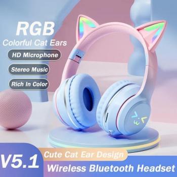 Auriculares Inalámbricos Bluetooth 5.1 con Luces RGB y Micrófono para Niñas y Niños - Diseño de Gato Bonito, Estéreo para Música y Juegos