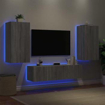 Mueble de TV pared con LED 4 piezas madera ingeniería gris Sonoma