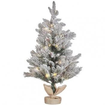Árbol de Navidad preiluminado 90 cm blanco y verde con nieve y luces LED en saco de yute