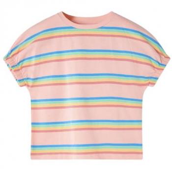 Camiseta Infantil Estampado Rayas de Arco Iris Color Melocotón 140