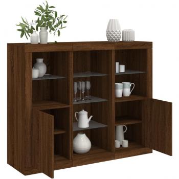 Aparador con luz LED 3 piezas de madera de ingeniería, mueble de almacenaje moderno para salón, armarios con puertas y cajón de madera en color marrón roble