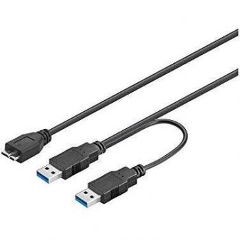 Cable de Datos y Carga Micro USB 3.0 B a USB A Doble (USB 3.0 + Alimentación), 30 cm, Color Negro