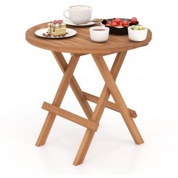 Teak Wood Round Folding Patio Side Table - Portable Outdoor Slatted Design