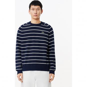 Lacoste Men's Cotton Crew Neck Striped Jumper - Navy Blue/White - Size XL