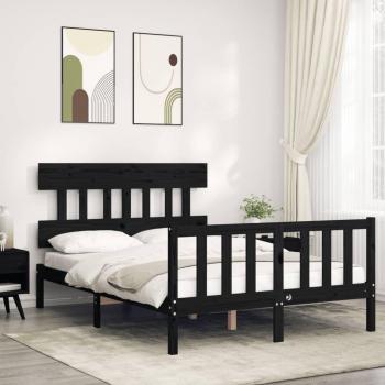 Cama de matrimonio con cabecero negro pequeño de madera maciza