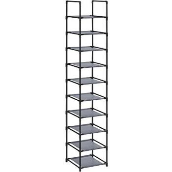 Zapatero vertical estrecho de 10 estantes, 33 x 33 x 173 cm, marco de metal y baldas de tela no tejida, color gris