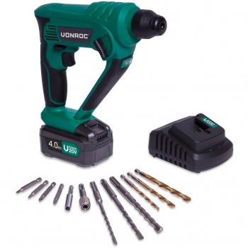 Martillo rotativo inalámbrico Vonroc VPower 20V - 4.0Ah, incluye batería y cargador, energía de impacto de 1.3J, sistema SDS-plus, accesorios y bolsa de herramientas