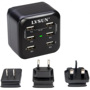Cargador de pared con 6 puertos USB, compacto, 3 conectores intercambiables ideal para viajes, apto para iPhone iPad, Samsung Galaxy, HTC Nexus Moto Blackberry, auricular con altavoz Bluetooth, cargador externo y más