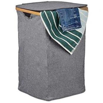 Cesto de Ropa Plegable con Tapa, Cuadrado, de Bambú y Tela, Portátil, 42 Litros, Gris