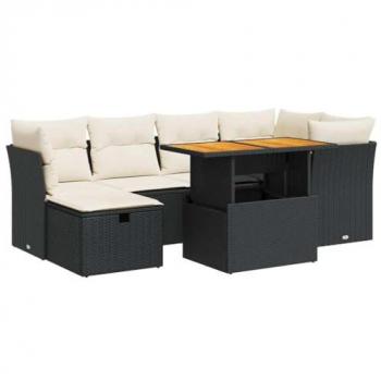 7-Piece Black Poly Rattan Garden Sofa Set with Cushions and Acacia Frame