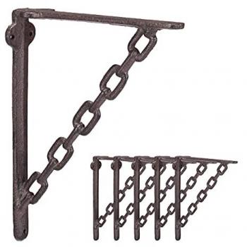 Set de 6 Soportes de Estantería de Hierro Fundido con Diseño en Cadena, Color Marrón Rústico, Dimensiones 18 x 4 x 21.5 cm