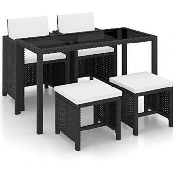 5 Piece Black Poly Rattan Outdoor Dining Set with Cushions
