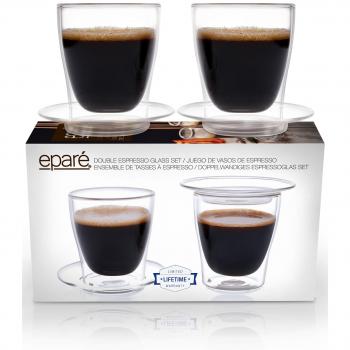 Eparé - Tazas para Espresso, Juego de Tacitas de Vidrio con Tapa y Platillo, Taza Térmica con Doble Pared, Taza para Beber Té, Latte, Espresso Largo o Capuchino, 2 tazas