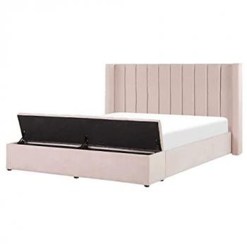 Cama Matrimonial de Terciopelo Rosa Pastel 160x200 cm con Reposacabezas y Banco Almacenaje