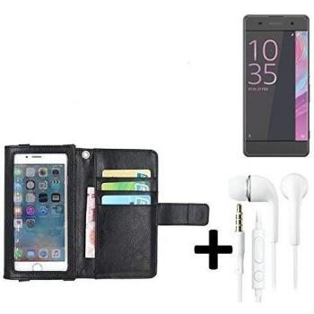 TOP SET: Funda para el Sony Xperia XA con la pantalla del protector / protector integrado, negro, cuero sintético + Auriculares | Funda Universal Caso Monedero cubierta del tirón Monedero Monedero