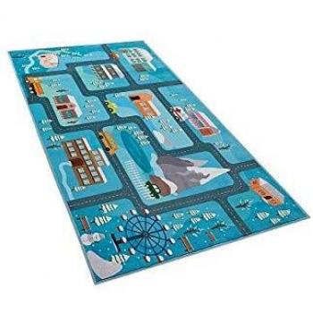 Alfombra infantil Kigi de poliéster azul 80 x 150 cm con motivo de ciudad invernal para jugar
