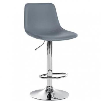 Taburete de bar regulable y giratorio en simil cuero gris con base metálica cromada y respaldo