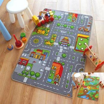 Alfombrilla de juegos infantiles, con diseño reversible de animales de granja y carretera