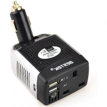 Inversor de Coche con Toma de Corriente 250Vac y Puertos USB 5VDC, Conexión al Encendedor de 75 Watts