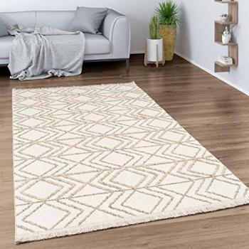 Alfombra de salón Boho Chic con dibujo geométrico, pelo corto, flecos, tamaño 80x150 cm, color crema