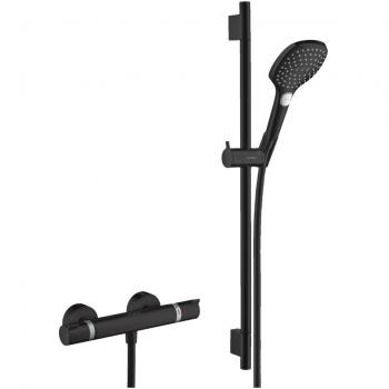 Conjunto de ducha Hansgrohe Ecostat Comfort Monomando + Barra Unica 65 cm + Teleducha Raindance 120 Select e 3 Chorros, Negro Mate