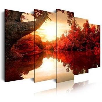 DekoArte 192 - Cuadros Modernos Impresión de Imagen Artística Digitalizada | Lienzo Decorativo Para Tu Salón o Dormitorio | Estilo Naturaleza Paisaje Con Agua Arboles Rojos | 5 Piezas 150 x 80 cm