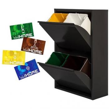 Cubo de Basura Metálico Wellhome - 4 Compartimentos - 68L, Negro mate, incluye 4 etiquetas magnéticas, capacidad total de 68 litros (4x17L)