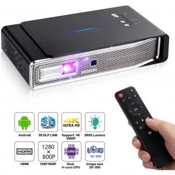 OTHA 4K Proyector, Mini proyector V5, Proyector Portátil, 3800 lumens, 1280x800, 3D DLP-Link, Proyector LED Android, Soporte USB/IR / 4K / HDMI/AV, 4K Proyector con Sonido Dolby para Cine en casa, 16G