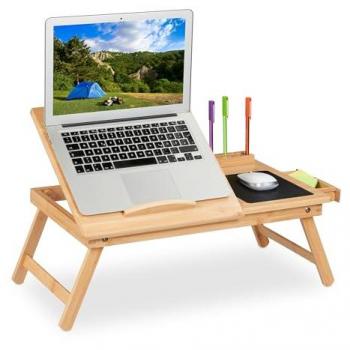 Bandeja Ordenador Plegable de Bambú, Altura Regulable para Cama y Sofá con Almohadilla para Ratón - Relaxdays