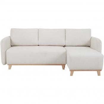 Sofá cama chaise longue reversible 3-4 plazas de tejido efecto aterciopelado texturizado beige y madera clara ROMANE