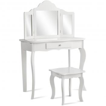 Tocador para Niños con Taburete y Espejo Plegable en 3 Partes, Cajón Blanco, Dimensiones: 70 x 34 x 104 cm, Material: MDF y Madera