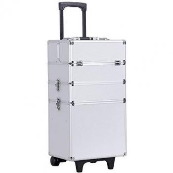 SONGMICS Maletín de Cosméticos, Carro para Maquillaje, Multiuso, 3 en 1, Tipo Trolley, Bloqueable con Ruedas Universales de 360 Grados, Plata JHZ01S
