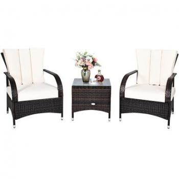 3-Piece Outdoor Patio Rattan Bistro Set with White Cushion in Mix Brown