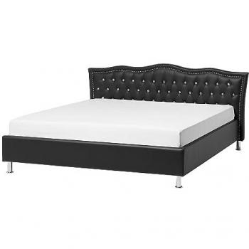 Cama con somier de piel sintética negra y plateada 140 x 200 cm con cabecero tufted Metz