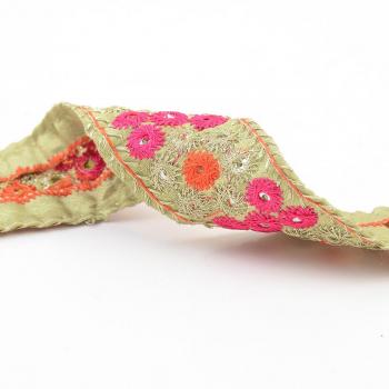 Neotrims Indian Style Floral Embroidery Trimming Ribbon by the Yard On Satin Fabric, Metallic Threads & Sequins. Salwar Kameez Sari Border for Suits and Dressmaking. Four Gorgeous colour Combos; Soft Green, Red, Black and Burgundy Base. - Soft Lime Green 